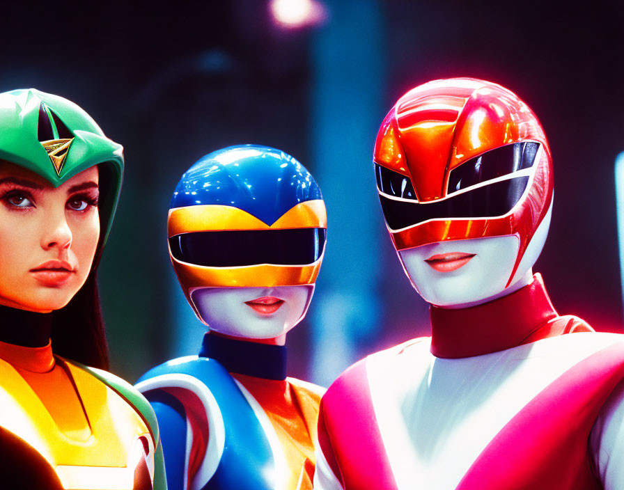 Three Power Rangers Characters Posing Together in Vibrant Scene