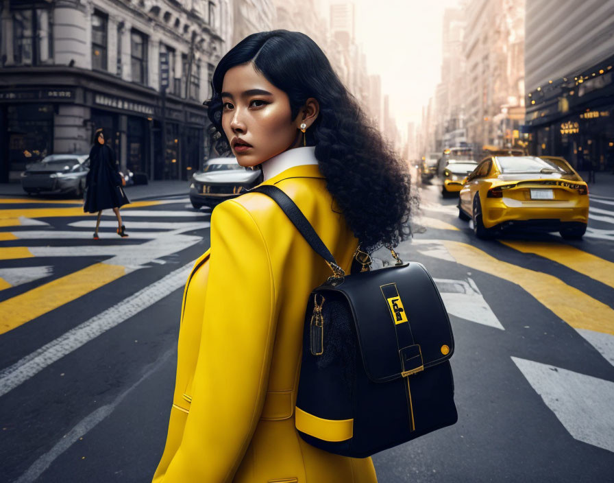 Stylish individual in yellow coat on zebra crossing in bustling city