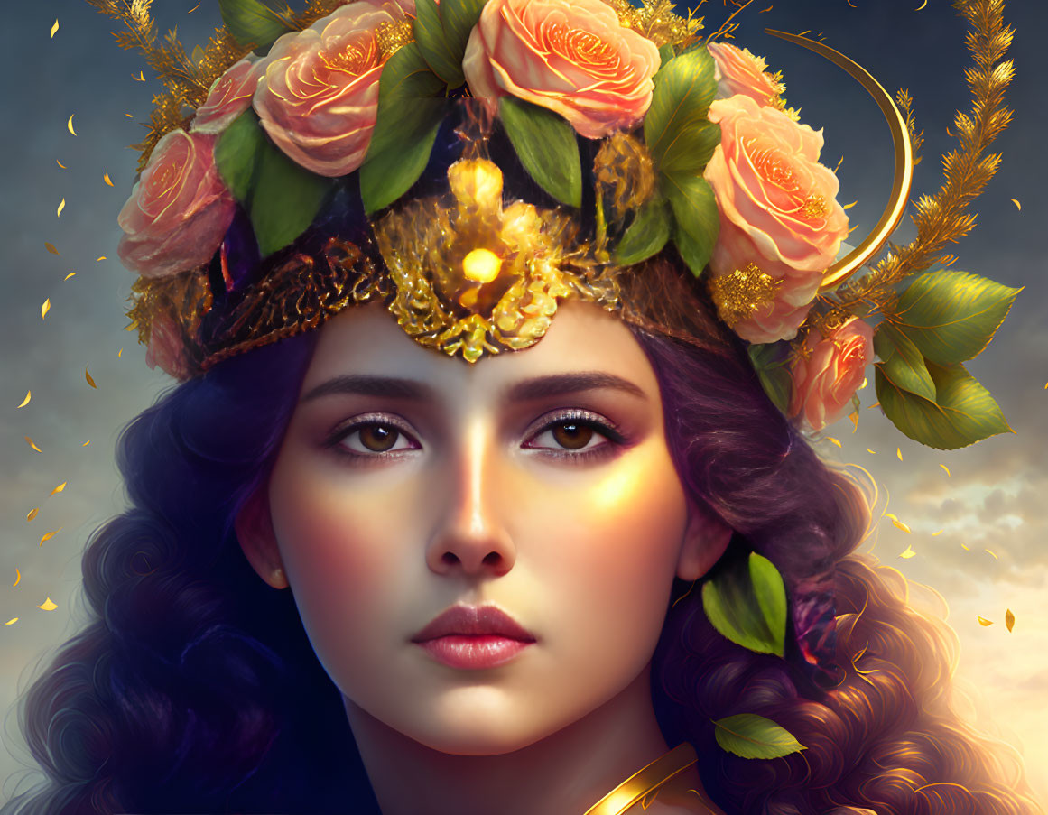 Digital portrait of woman with floral crown and serene expression