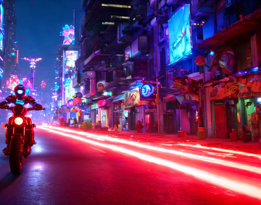 Futuristic neon-lit city street at night with motorcycle and light streaks