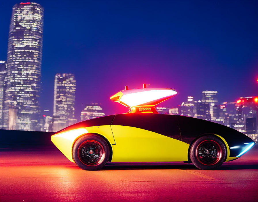 Futuristic yellow and black sports car parked at night with city skyline.