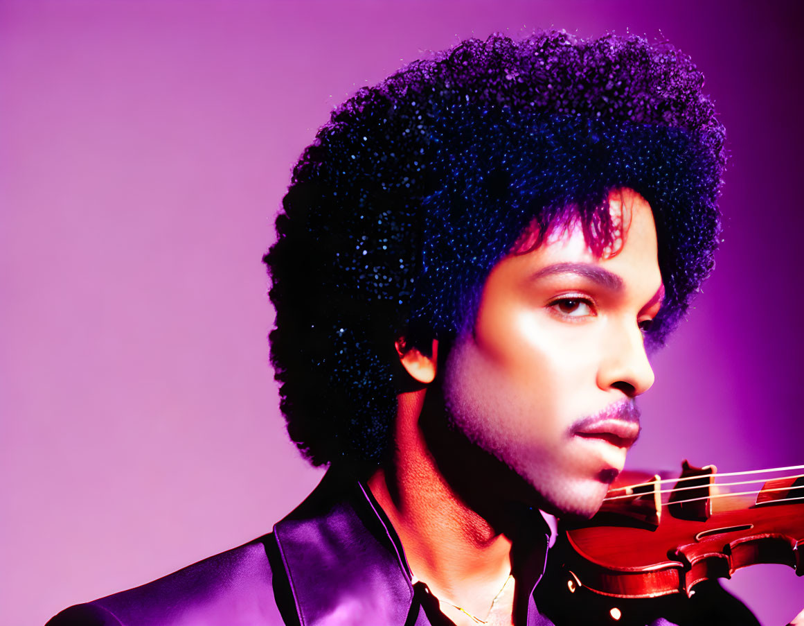 Person with Afro Hairstyle Holding Violin on Purple Background