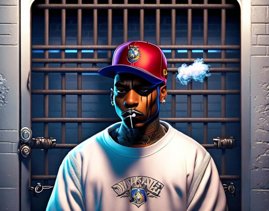 Stylized digital artwork: person with tattoos and blue cap exhaling smoke.