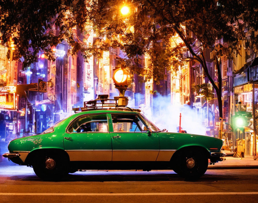 Classic car parked on city street at night with colorful lights and urban backdrop