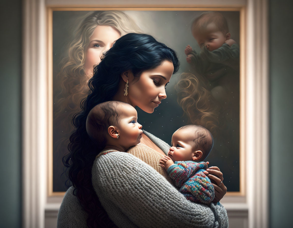 Mother embracing two infants in warm light with painting in background