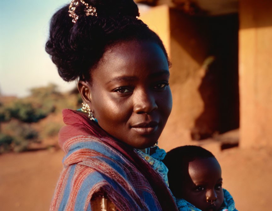 Traditional Attire Woman with Child in Warm Tones