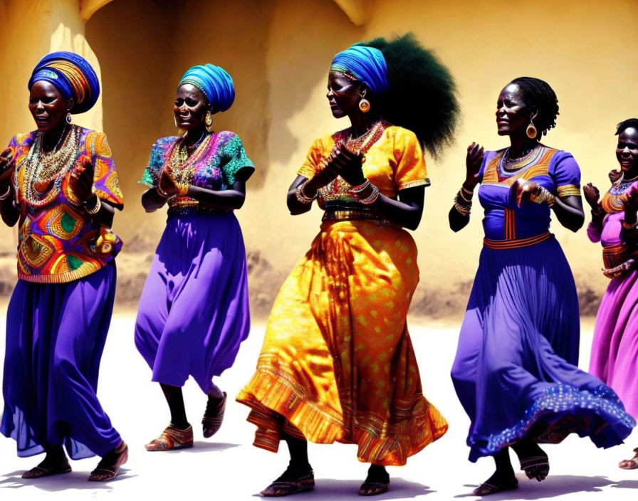 Vibrant African women dance in colorful traditional attire