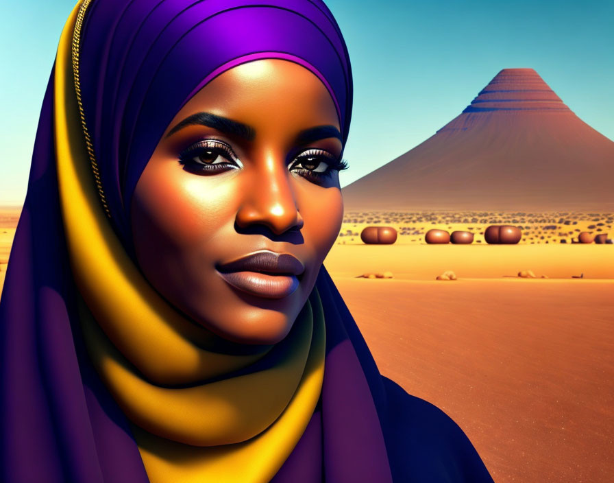 Woman in purple headscarf in desert with pyramid and huts.