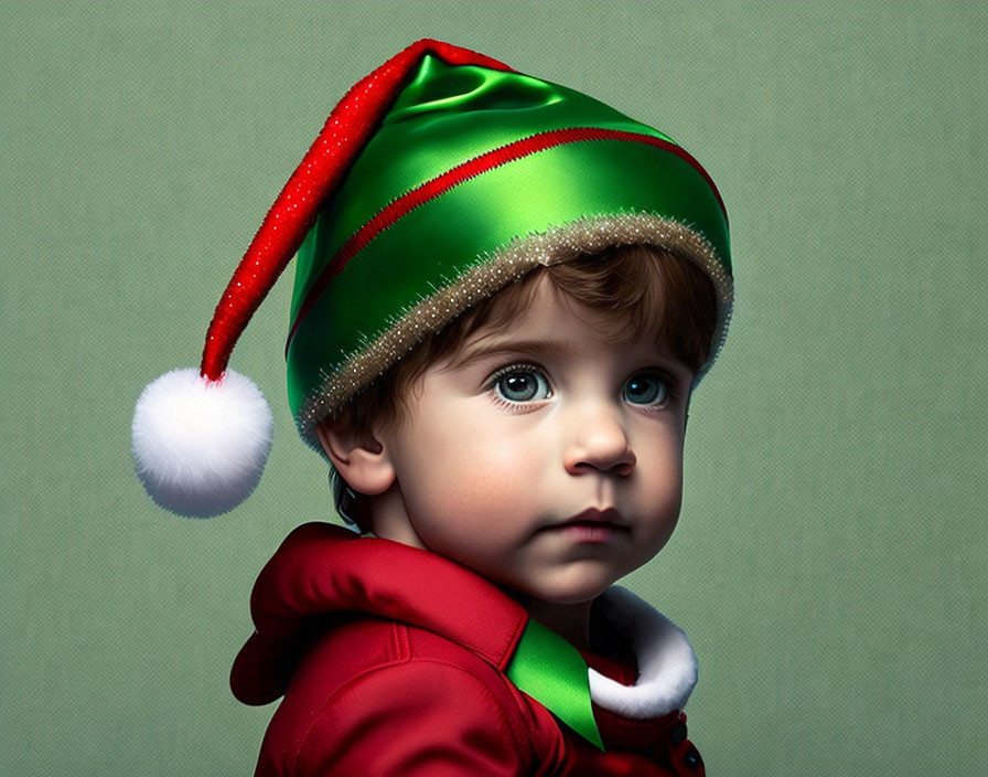 Toddler in festive elf hat with large brown eyes on green textured background