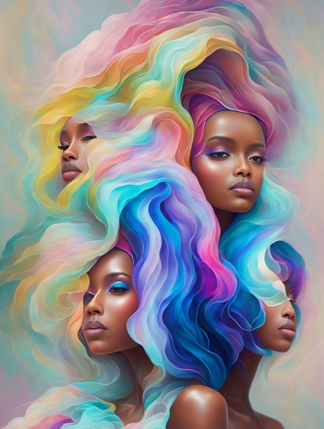 Four women stylized portraits in pastel gradient hues