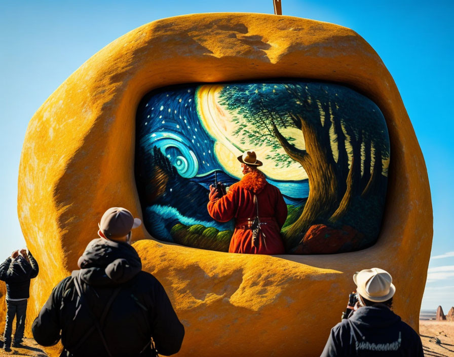 Red-coated person admiring pumpkin-shaped art installation with Van Gogh-inspired painting, watched by spectators