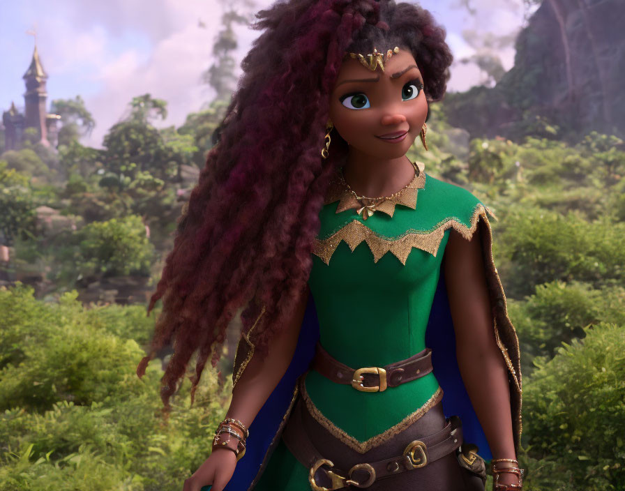 CGI-animated young girl in green dress with curly hair and tiara