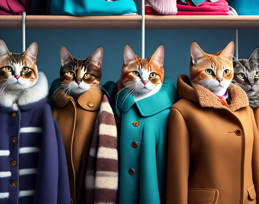 Four cats in winter coats stored in a closet