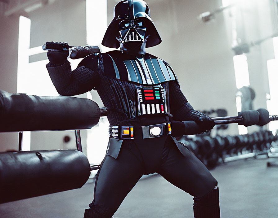 Cosplayer as Darth Vader with barbell in gym