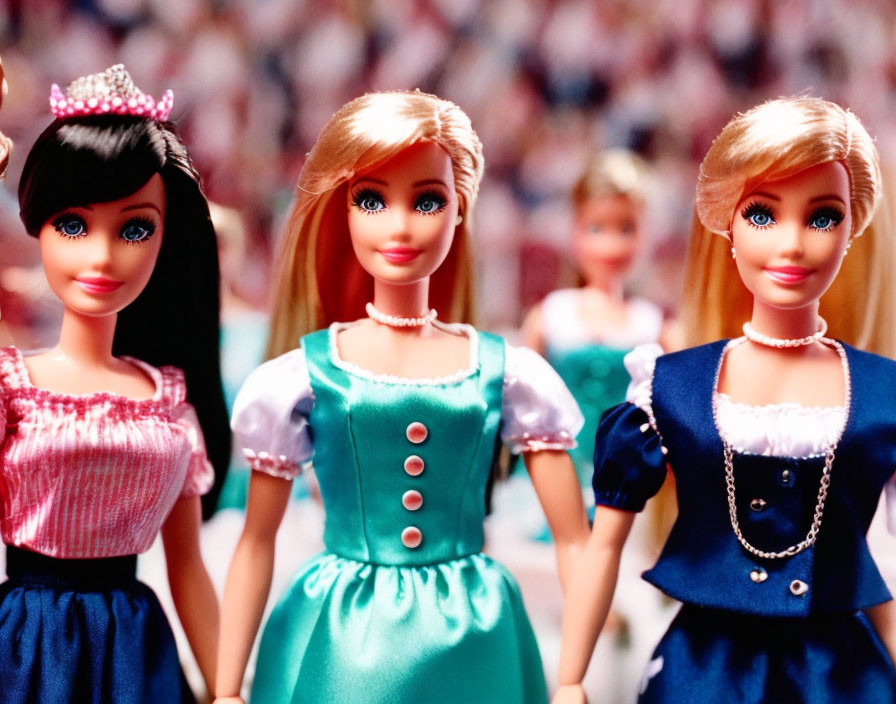 Three Barbie dolls with various hairstyles and colorful dresses in a row.