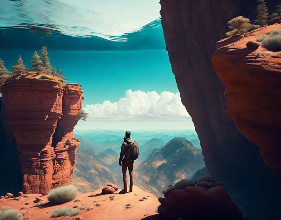 Desert canyon scene with surreal mountains and upside-down water sky