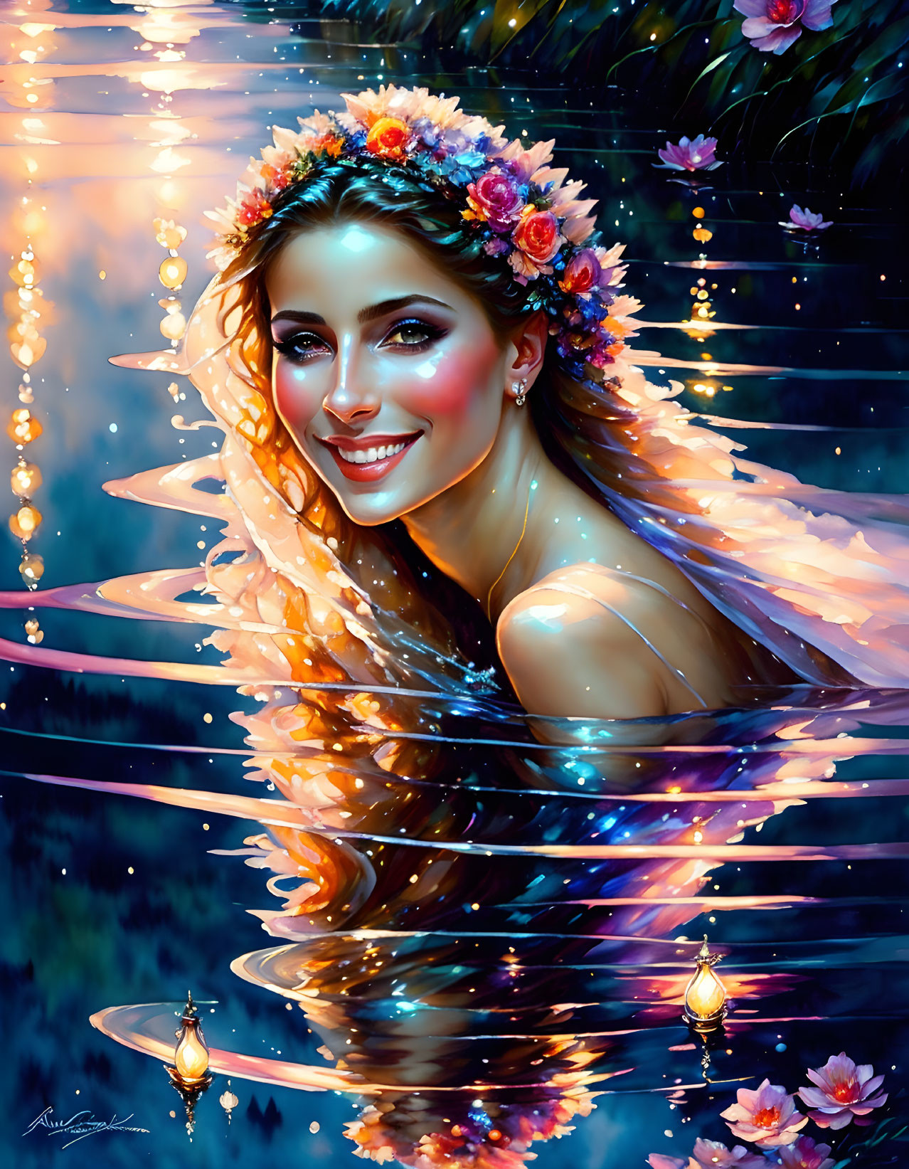 Radiant woman with floral crown in magical water setting with lanterns and petals