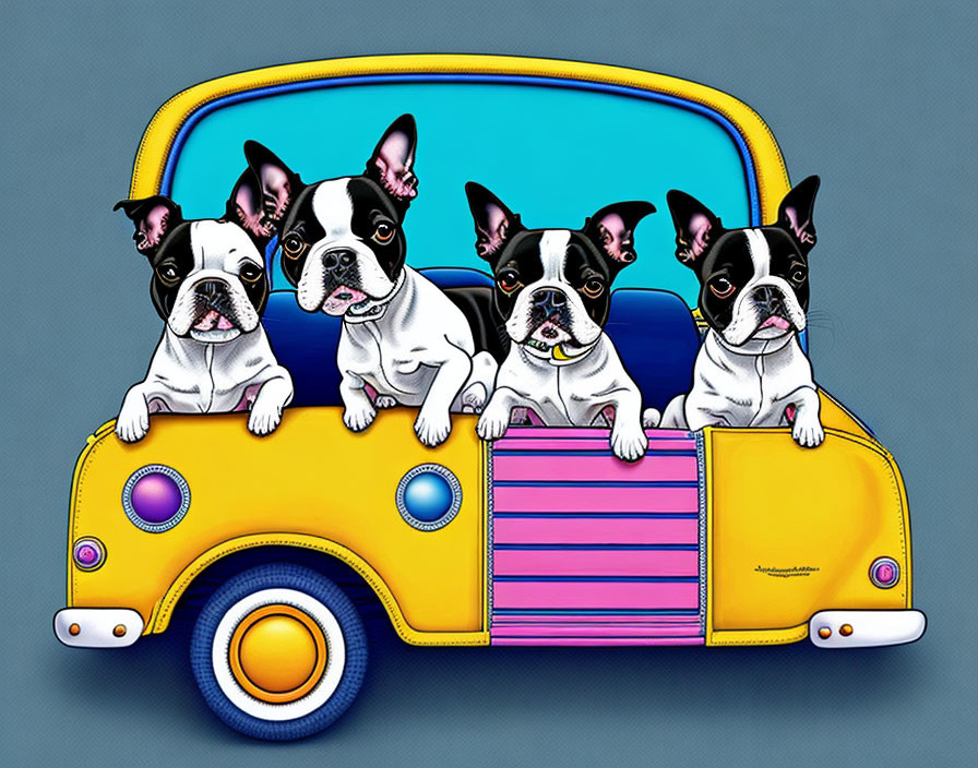 Four French Bulldogs in Cartoon-Style Car on Blue Background