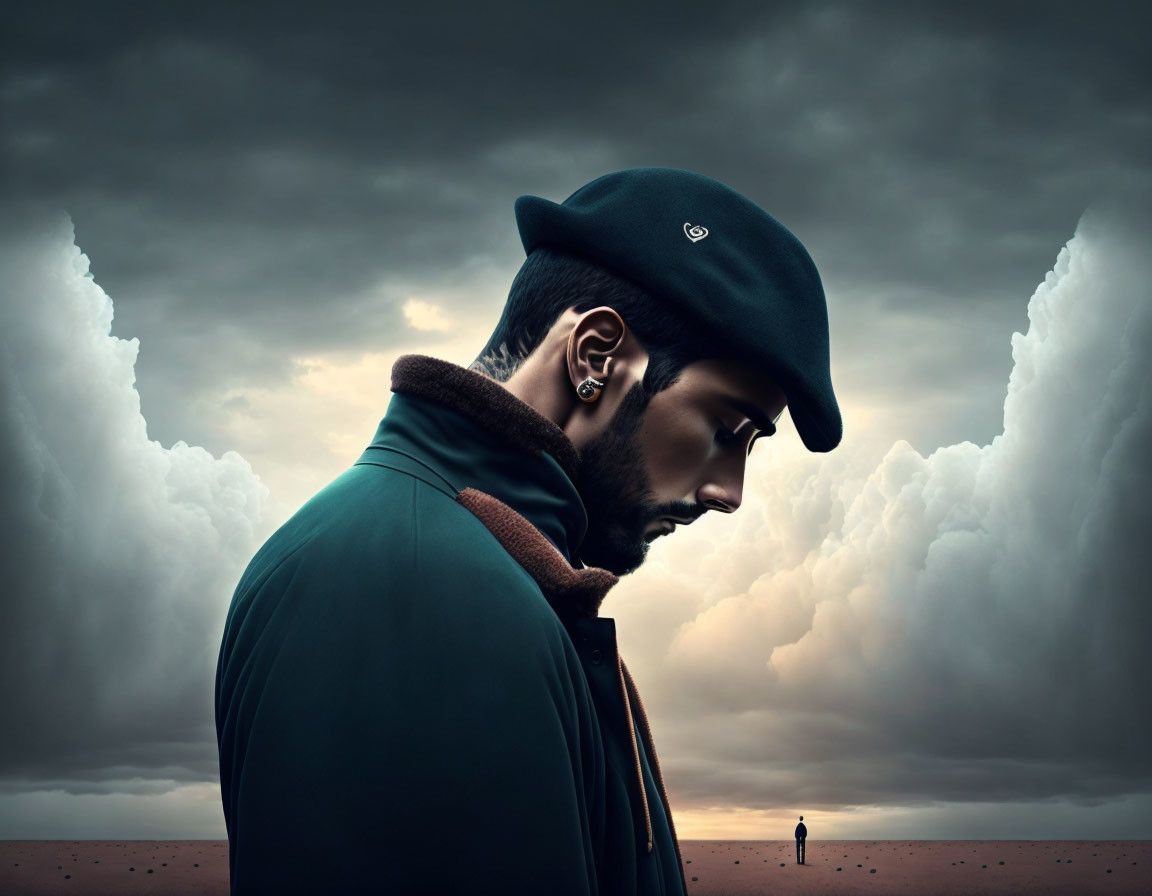 Profile of man in cap and coat against surreal stormy landscape