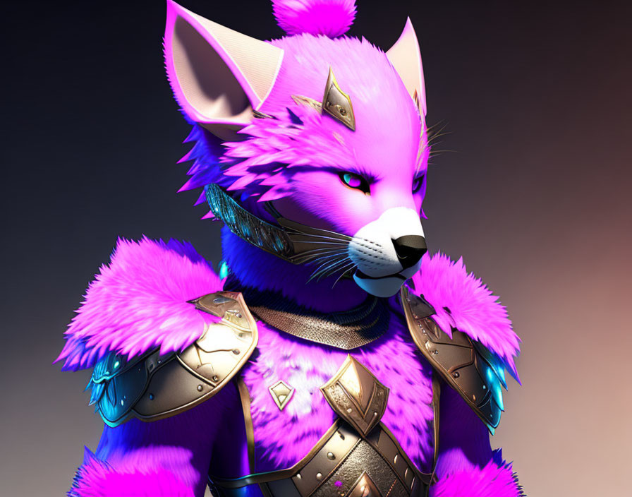 Anthropomorphic pink-furred wolf in golden armor and purple accents