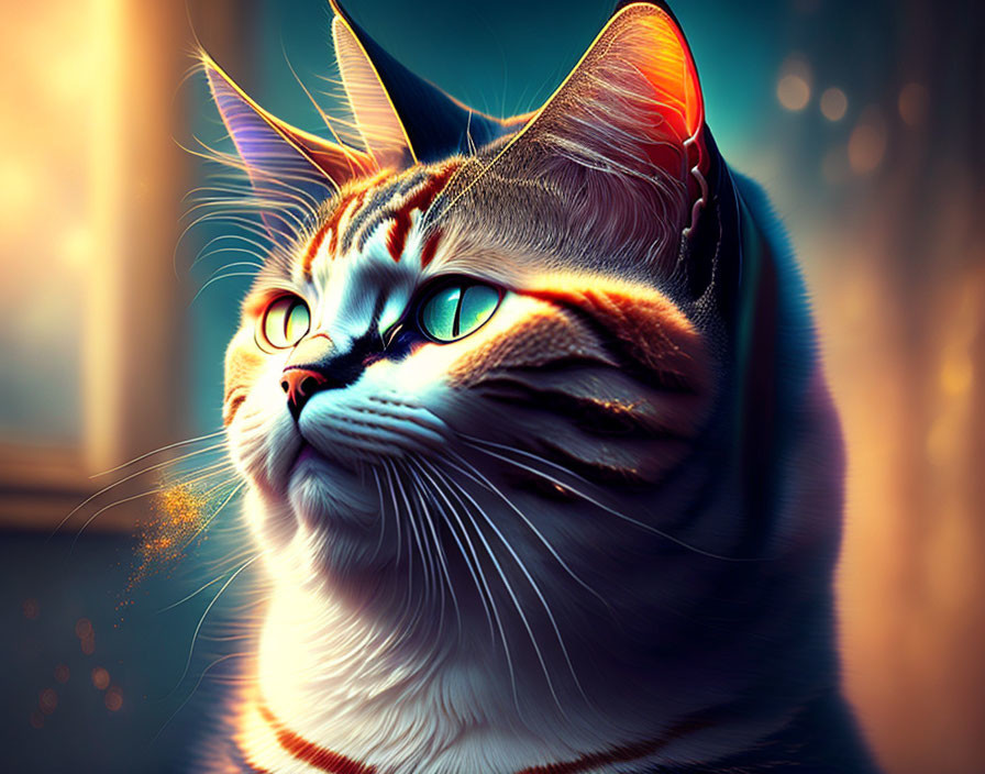 Digital Art: Cat with Green Eyes and Glowing Fur