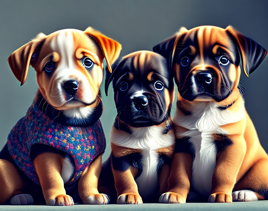 Three Cute Puppies in Sweaters with Expressive Eyes