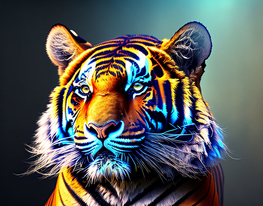 Colorful Digital Artwork: Tiger with Neon Blue Stripes on Dark Background