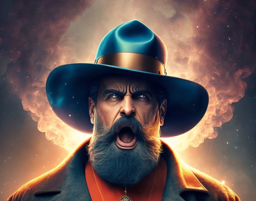 Man with bushy beard and blue hat in fiery cosmic backdrop