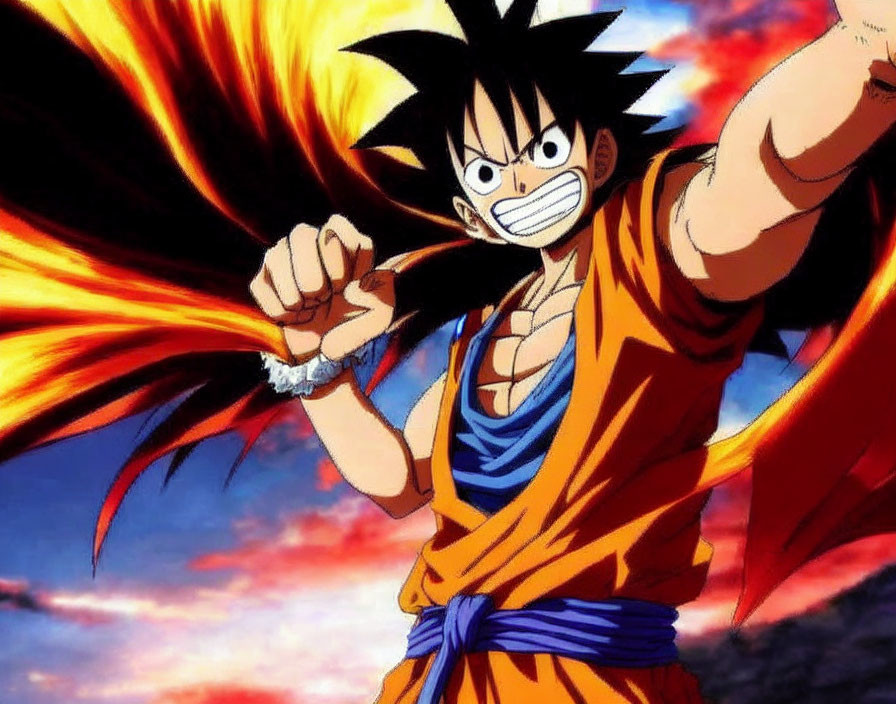 Spiky black-haired animated character in orange outfit against dramatic sky