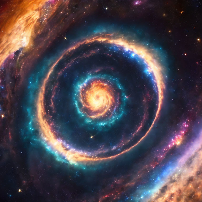 Spiral galaxy with swirling arms in blue, orange, and pink