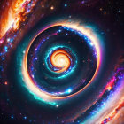 Spiral galaxy with swirling arms in blue, orange, and pink