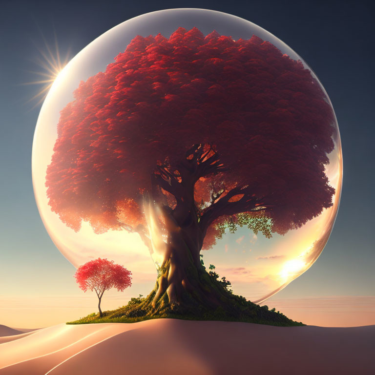 Surreal landscape featuring giant red tree in transparent sphere at sunrise or sunset