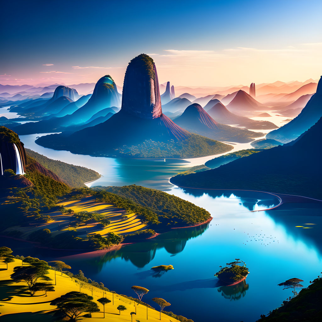 Majestic landscape with towering rock formation and winding river at sunrise