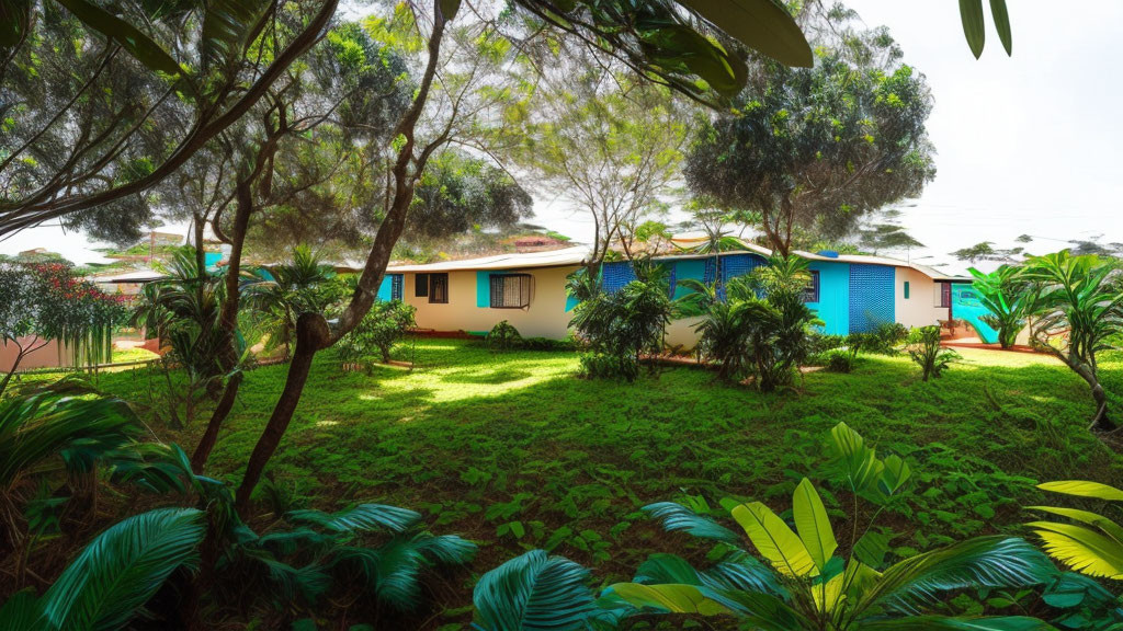 Vibrant tropical garden surrounds single-story house with blue and beige walls