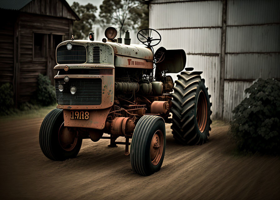 Vintage Tractor on Dusty Road Near Barn with Weathered Paint