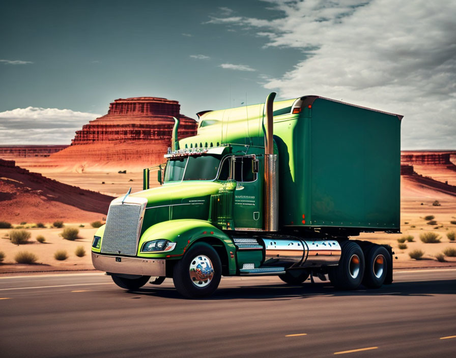 Semi-truck on highway with red rock formations in desert landscape