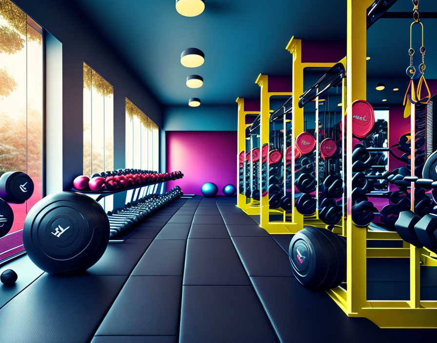 Colorful Modern Gym Interior with Dumbbells, Exercise Balls, and Tree View