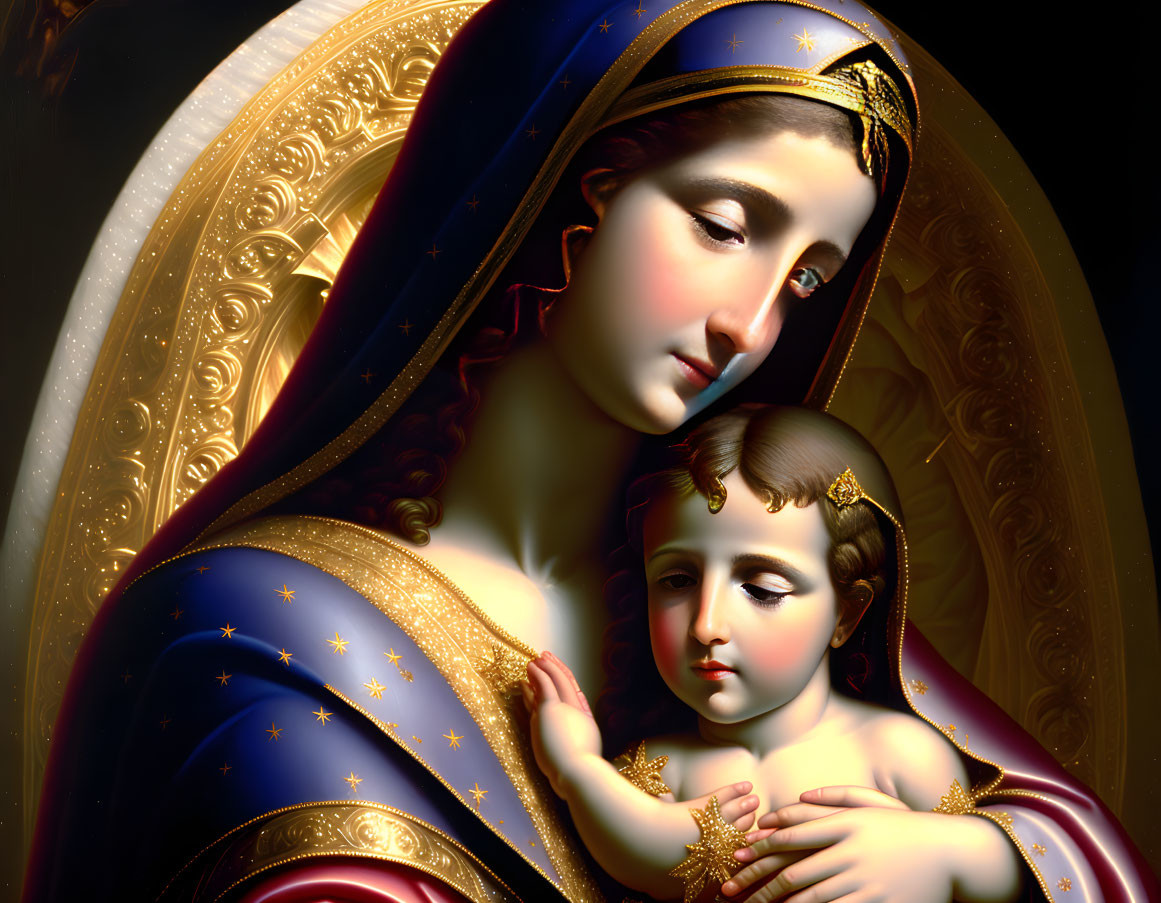 Religious painting of Virgin Mary and baby Jesus with halos in a tender pose