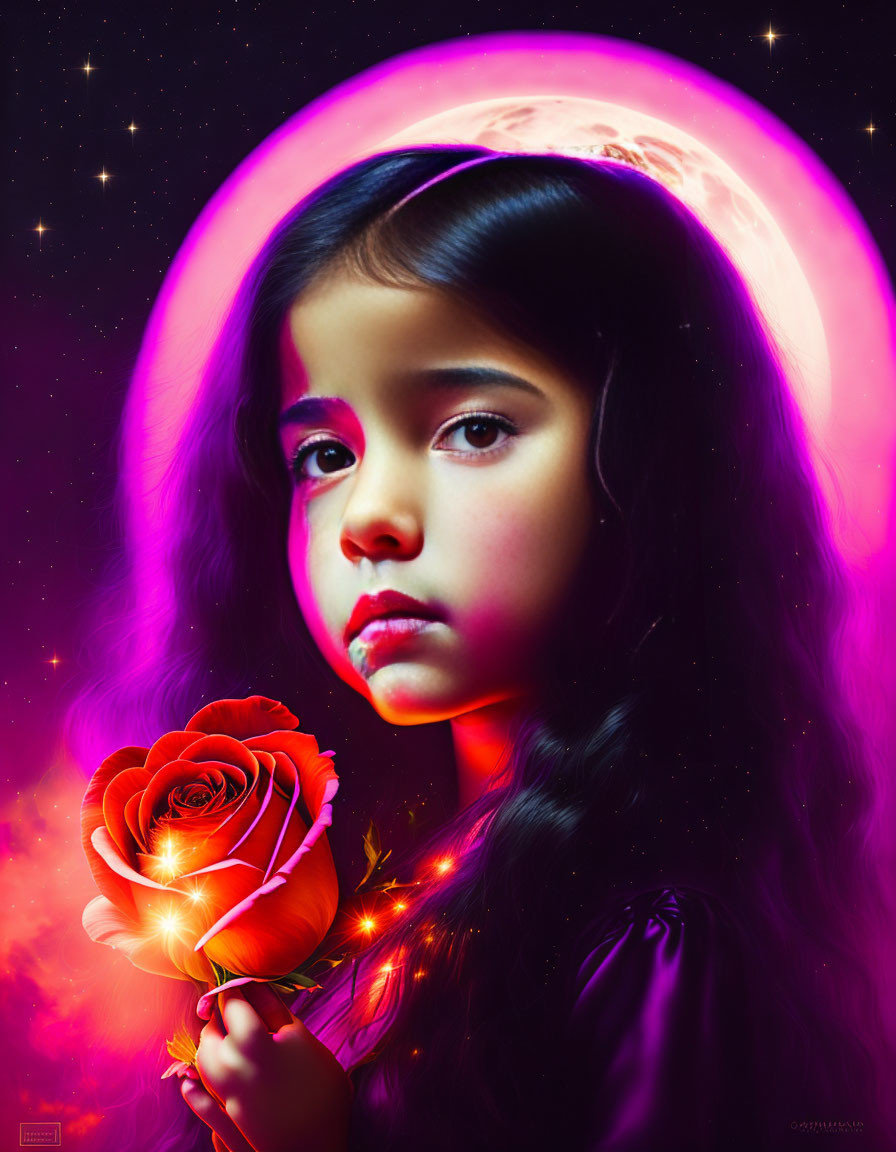 Dark-haired girl holds glowing rose in cosmic scene