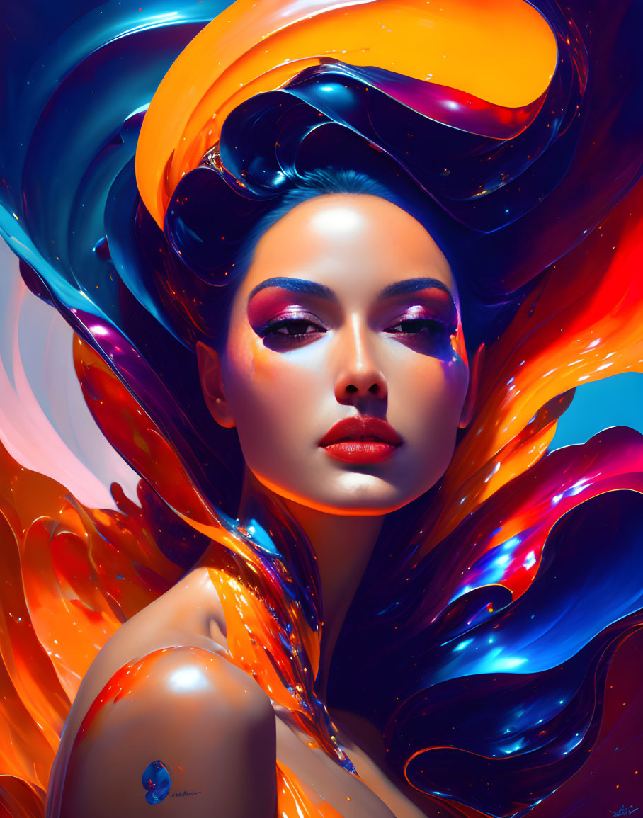 Colorful digital artwork: Woman with vibrant, flowing hair in orange, blue, and purple.