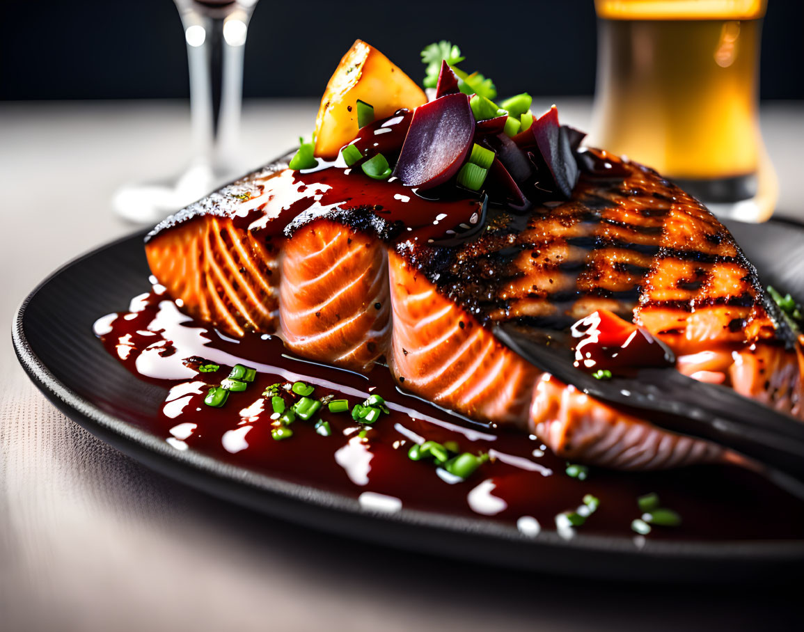 Salmon Fillets with Teriyaki Glaze, Herbs, and Vegetables on Black Plate