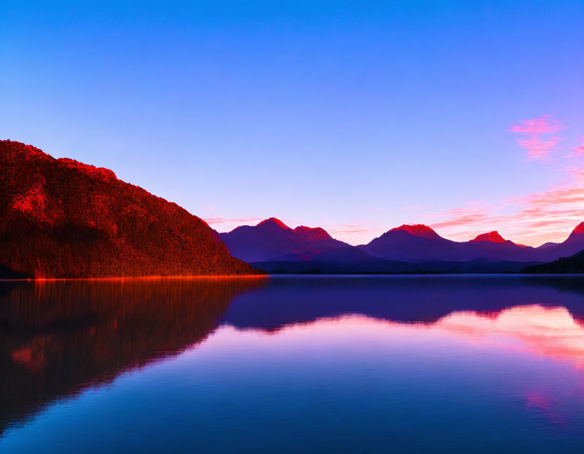 Scenic sunset lake with purple and blue sky reflections and mountain silhouettes