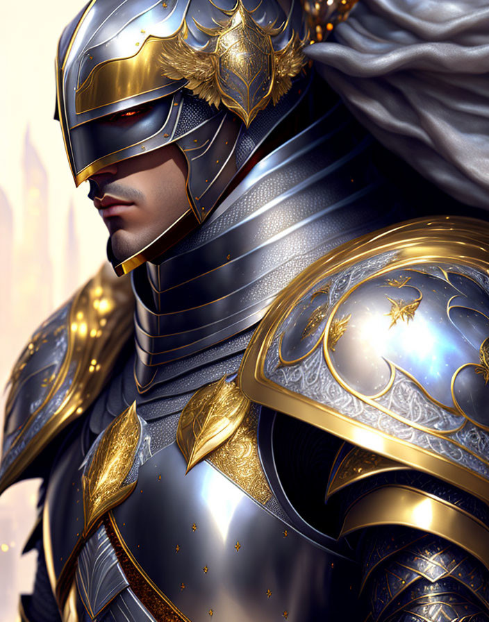 Golden-masked armored knight with ornate engraving and flowing cape against spired backdrop