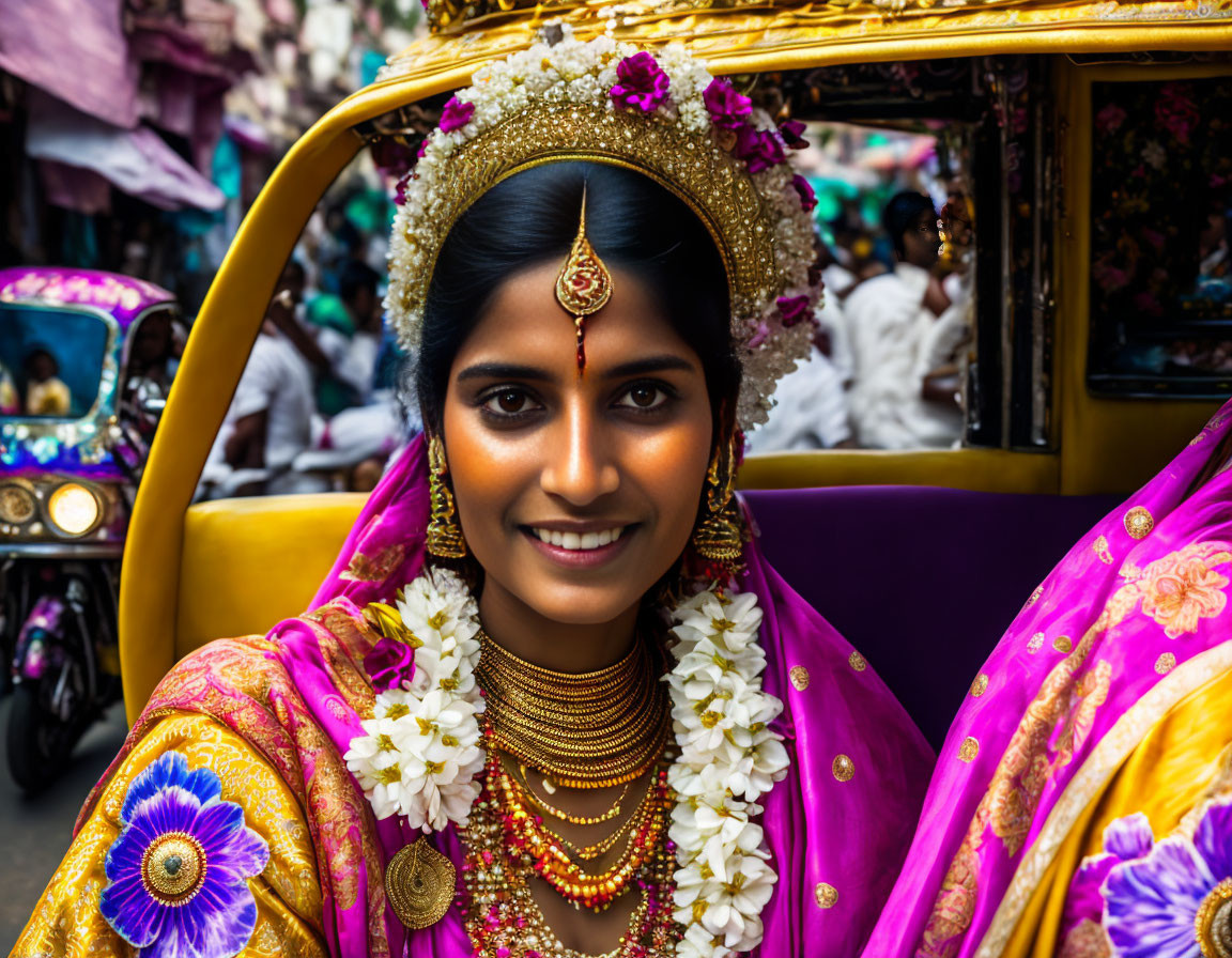 Traditional Indian bridal attire in ornate yellow rickshaw