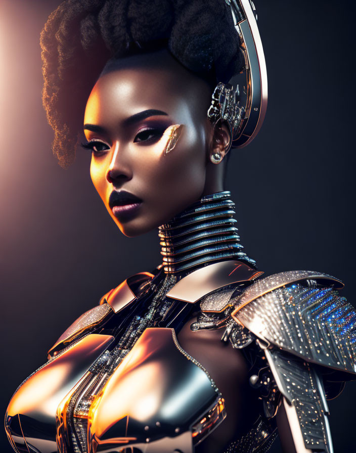 Futuristic female figure with robotic features and metallic armor portrait