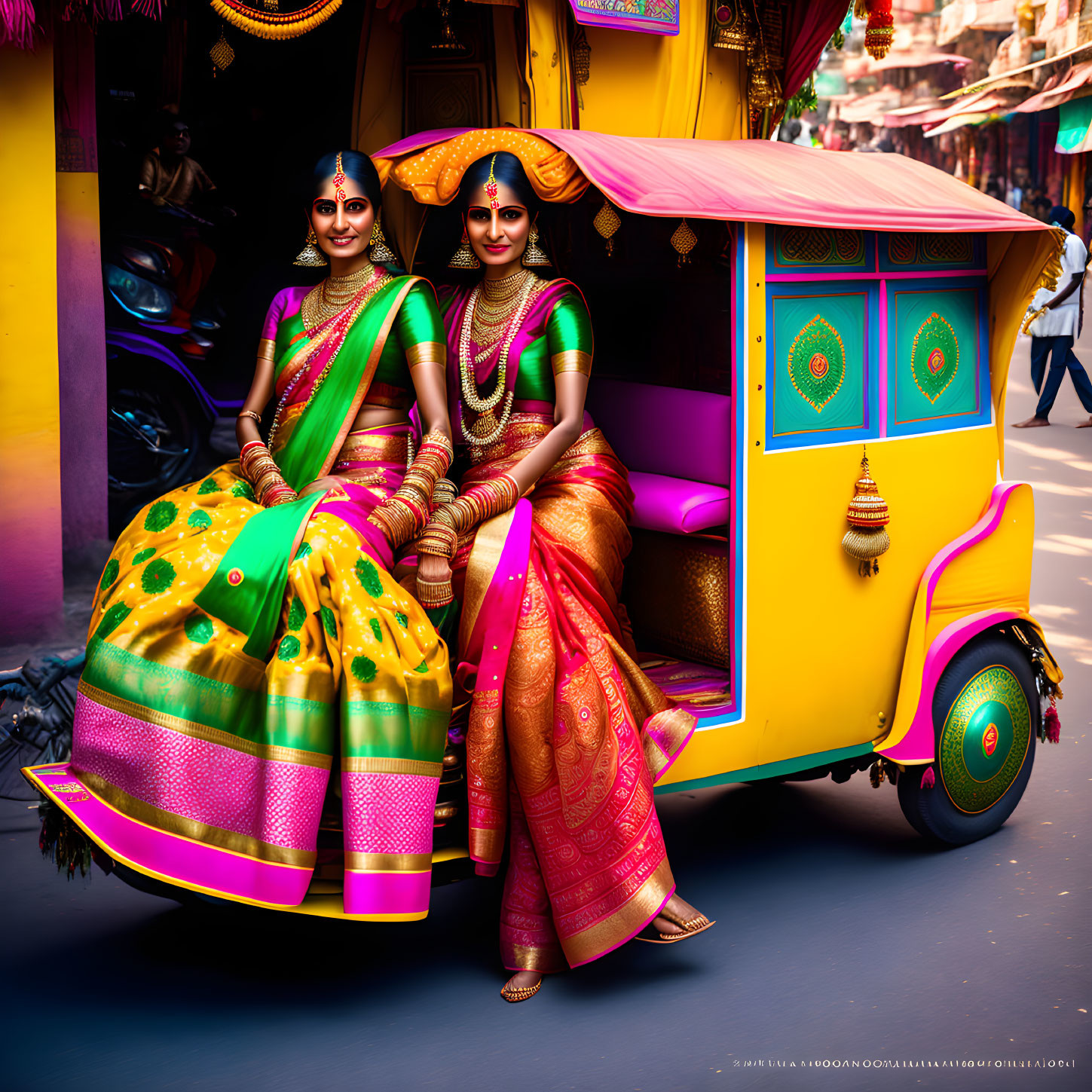 Traditional Indian Attire Women with Colorful Auto-Rickshaw