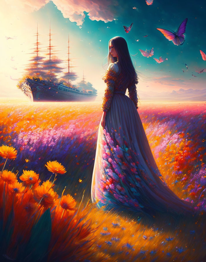 Woman in floral dress admires flying ship in vibrant flower field