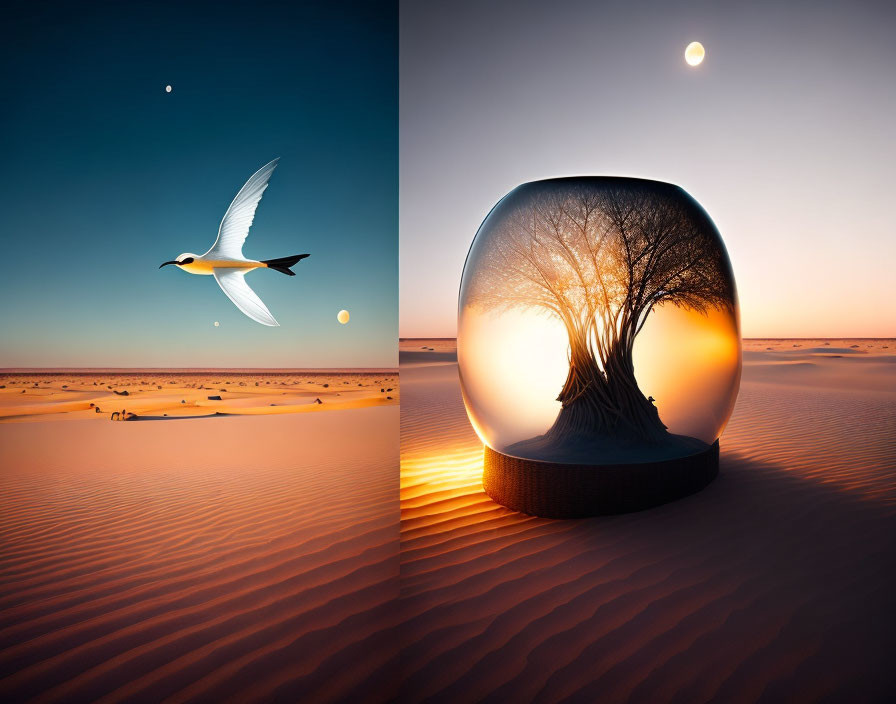 Split image of bird flying over desert and crystal ball showing tree at sunrise