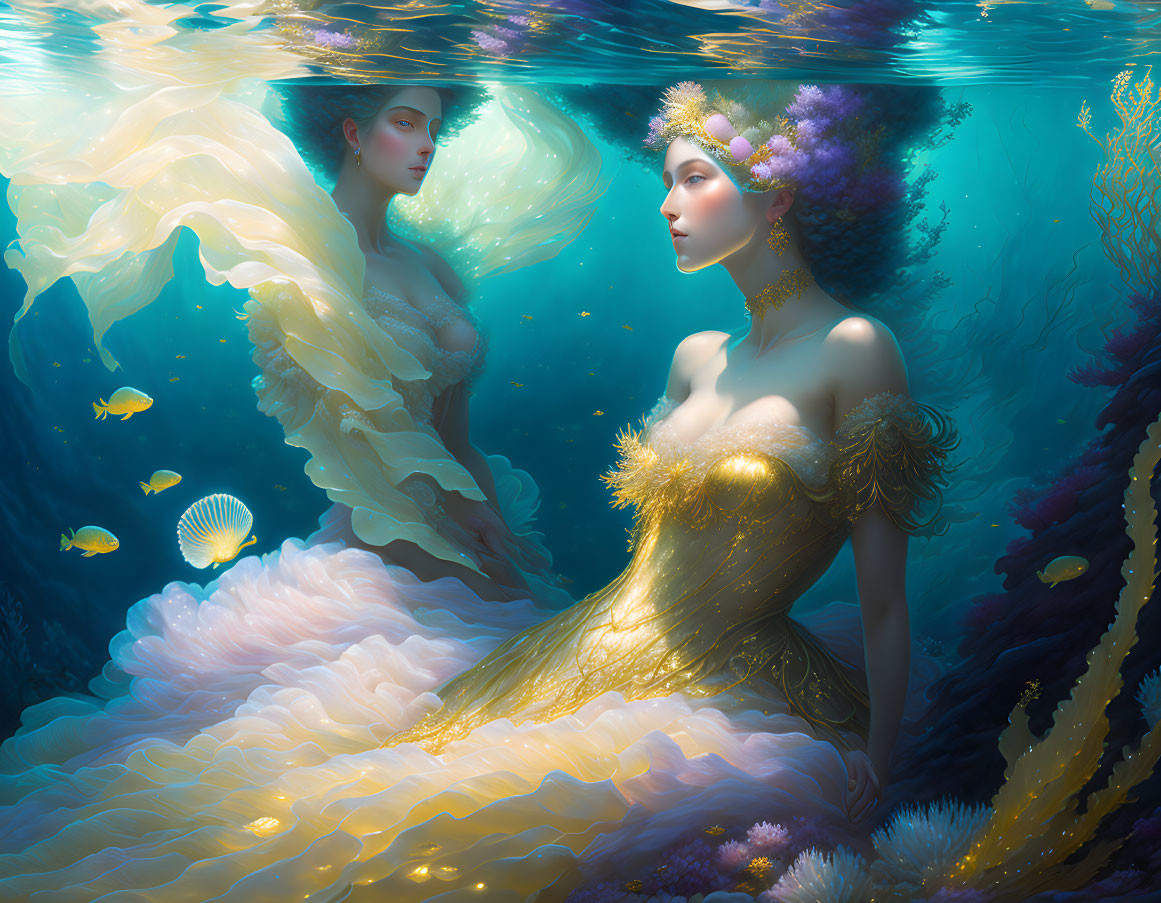 Ethereal woman in golden gown underwater with fish and aquatic flora