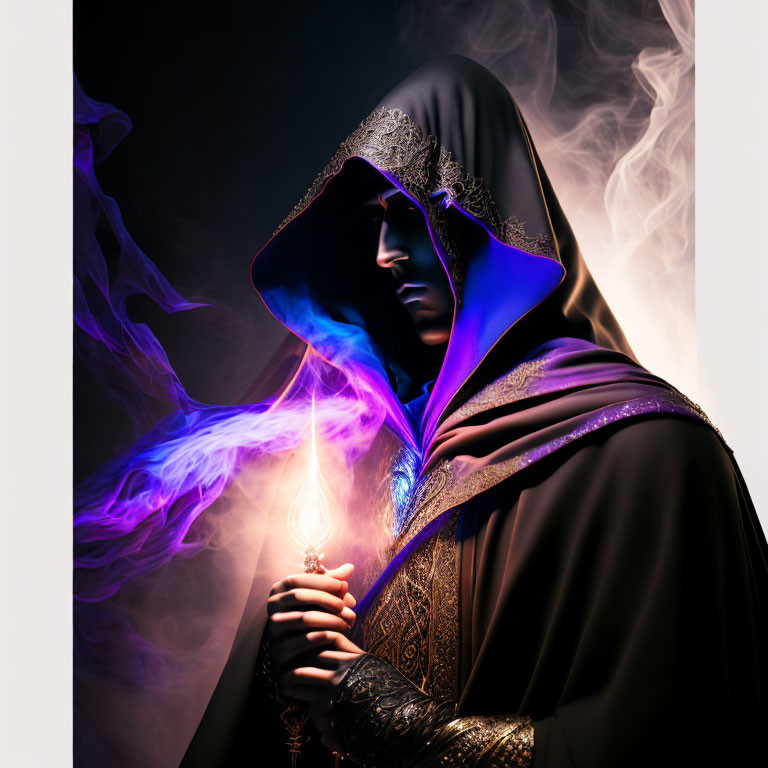 Mysterious Figure in Hooded Robe with Glowing Object and Mist